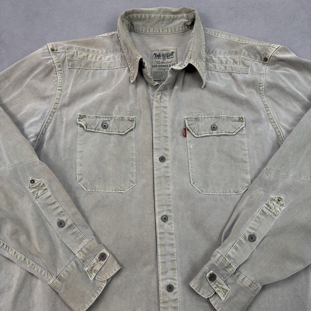 Levi Strauss Two Horse Brand Work Shirt Mens L Green Enforced Elbow Distressed
